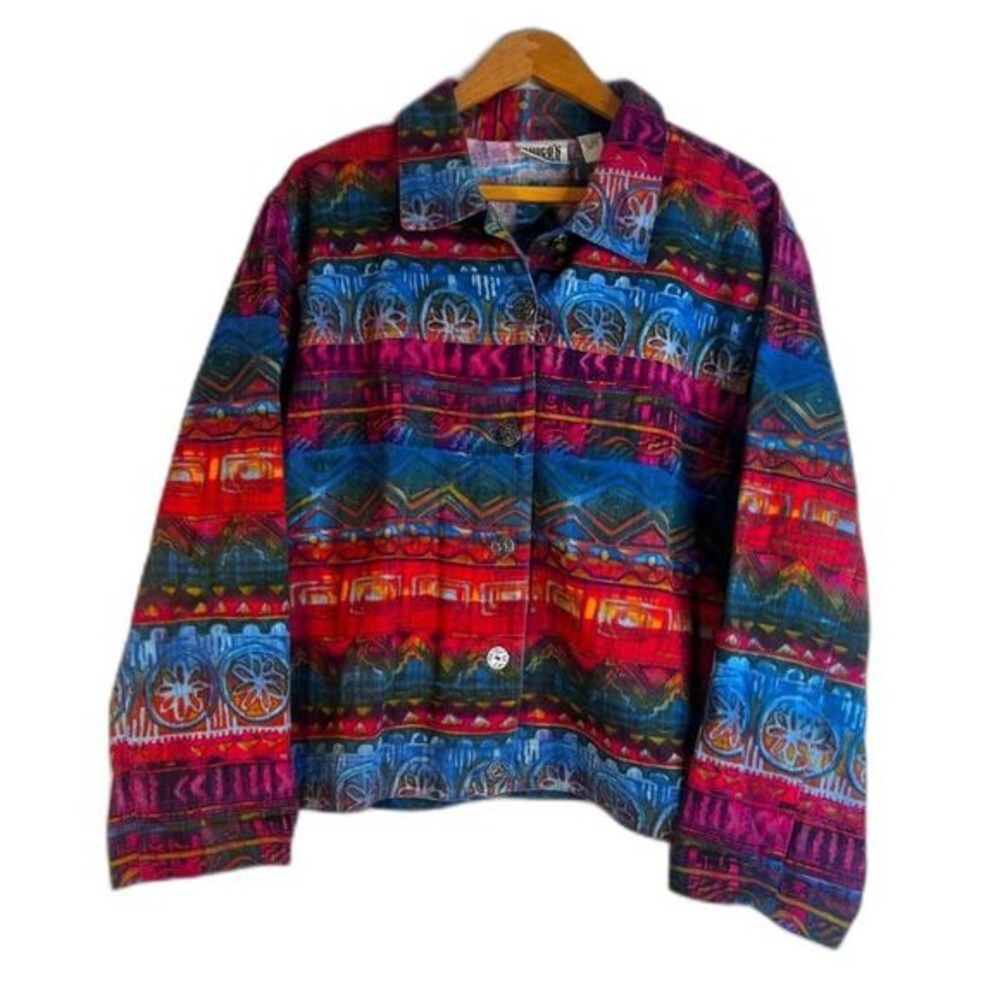 Chicos Design Bold Abstract Artsy Colorful Button Front 100% Cotton Jacket 3/LG